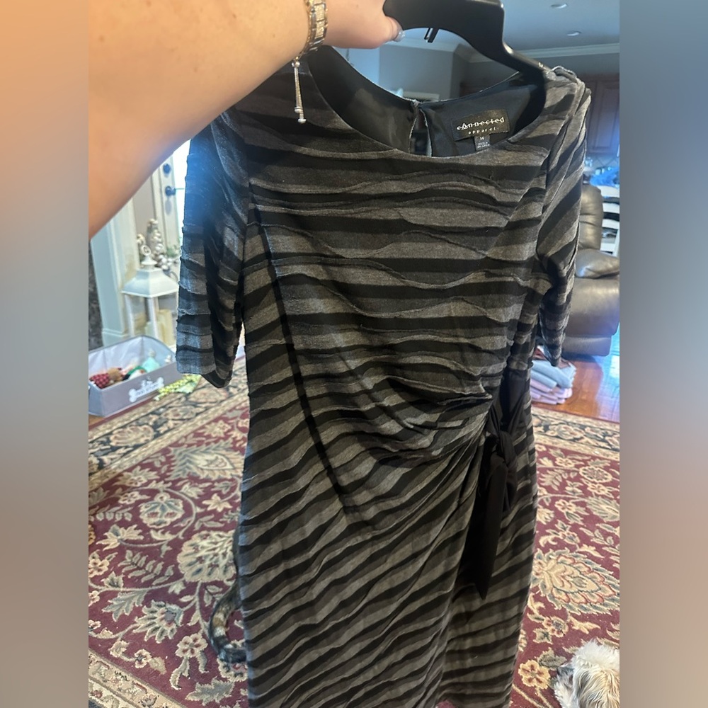 Women Connected black  Gray Tan Textured Short Sleeve Side Tie Waist Dress 14